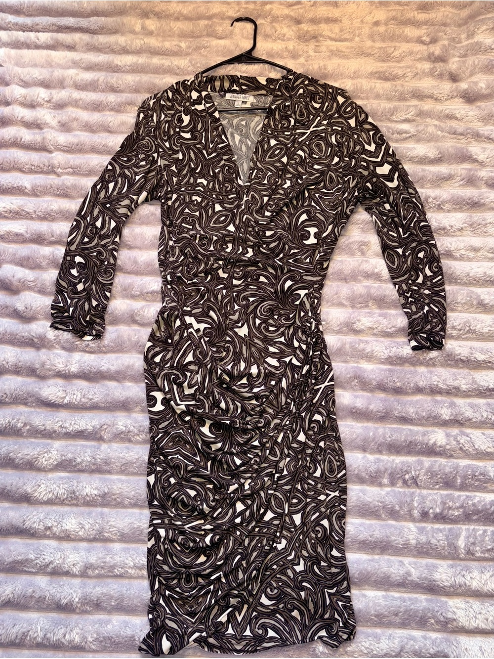 Jennifer Lopez Black and White Printed Long-Sleeve Wrap Dress